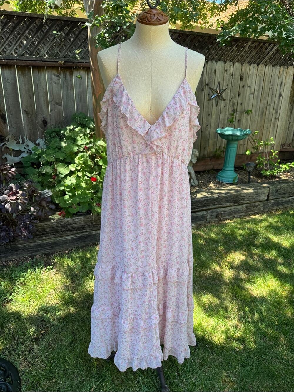 And Now This Pink Floral Ruffle Midi Dress Women's Large *FLAWS*